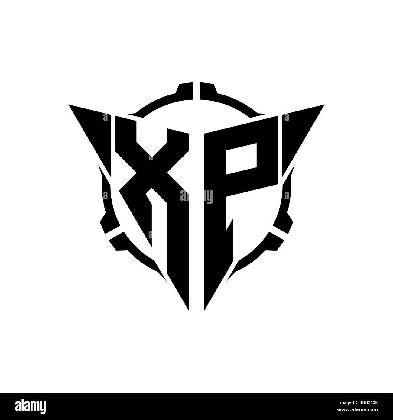 Logo XP Gaming iniziale con oscilloscopio arrotondato triangolo moderno geometrico Sniper Design in stile tattico su sfondo isolato, monogramma minimalista per videogame Illustrazione Vettoriale