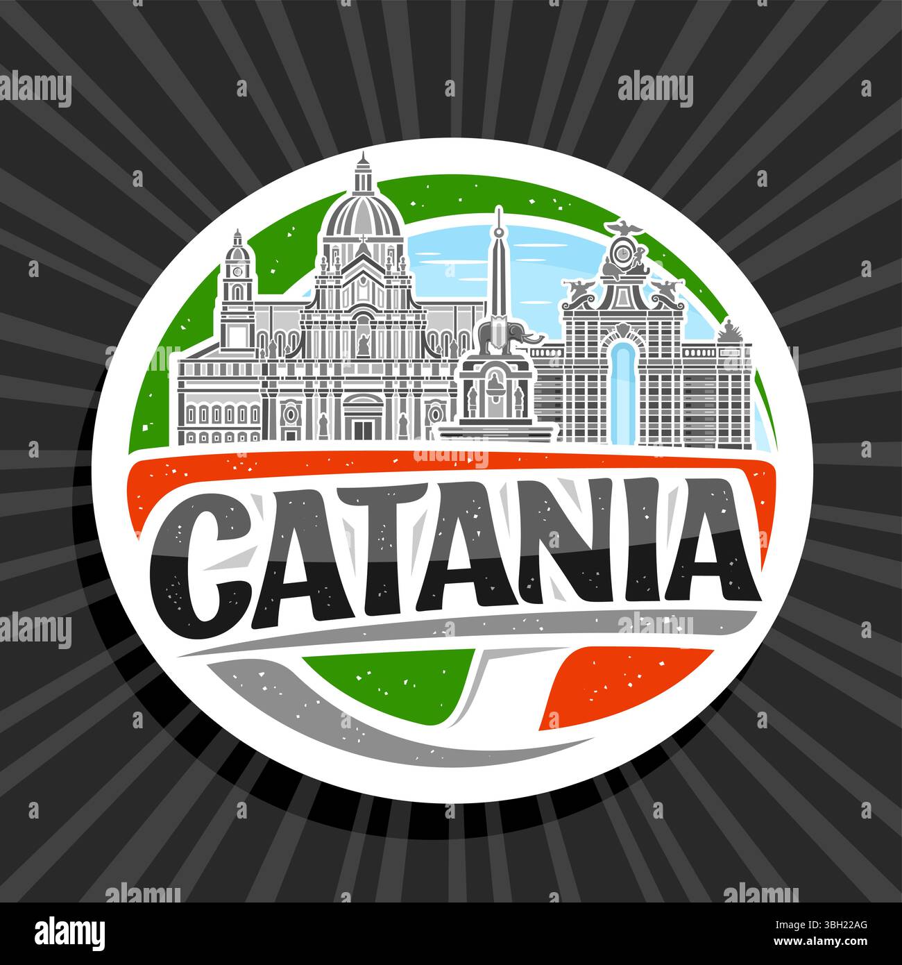 Logo vettoriale per Catania, badge decorativo bianco con contorno del famoso paesaggio medievale della città di catania sullo sfondo del cielo diurno, design artistico frid Illustrazione Vettoriale