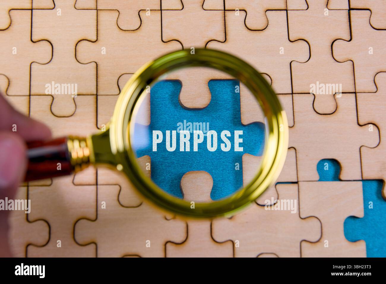 Una lente d'ingrandimento rivela la parola "scopo" su un pezzo blu del puzzle, tra gli altri, a simboleggiare la chiarezza nell'esplorazione. Foto Stock