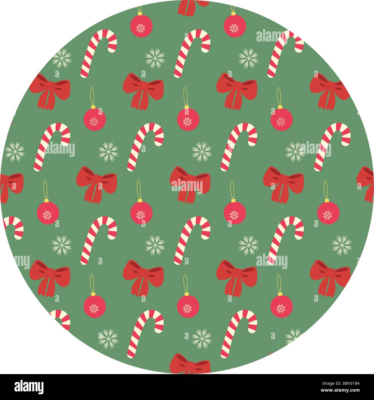 Fiocco con fiocco legato colorato Candy cane fiocchi di neve e giocattolo natalizio motivo senza cuciture sullo sfondo circolare. Sfondo o opuscoli promozionali, banner, cartellino di auguri con illustrazione vettoriale isolata Illustrazione Vettoriale