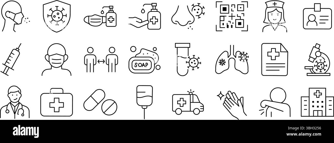 Pacchetto icone linea di prevenzione medica e pandemica. Illustrazioni vettoriali per la consapevolezza della salute. Illustrazione Vettoriale