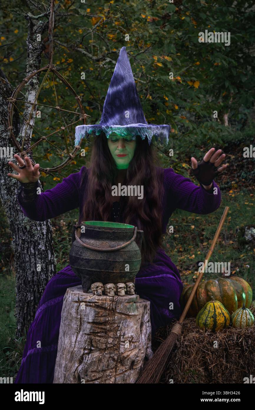Strega vestita di viola, che lancia incantesimi su un calderone verde luminoso nel bosco Foto Stock