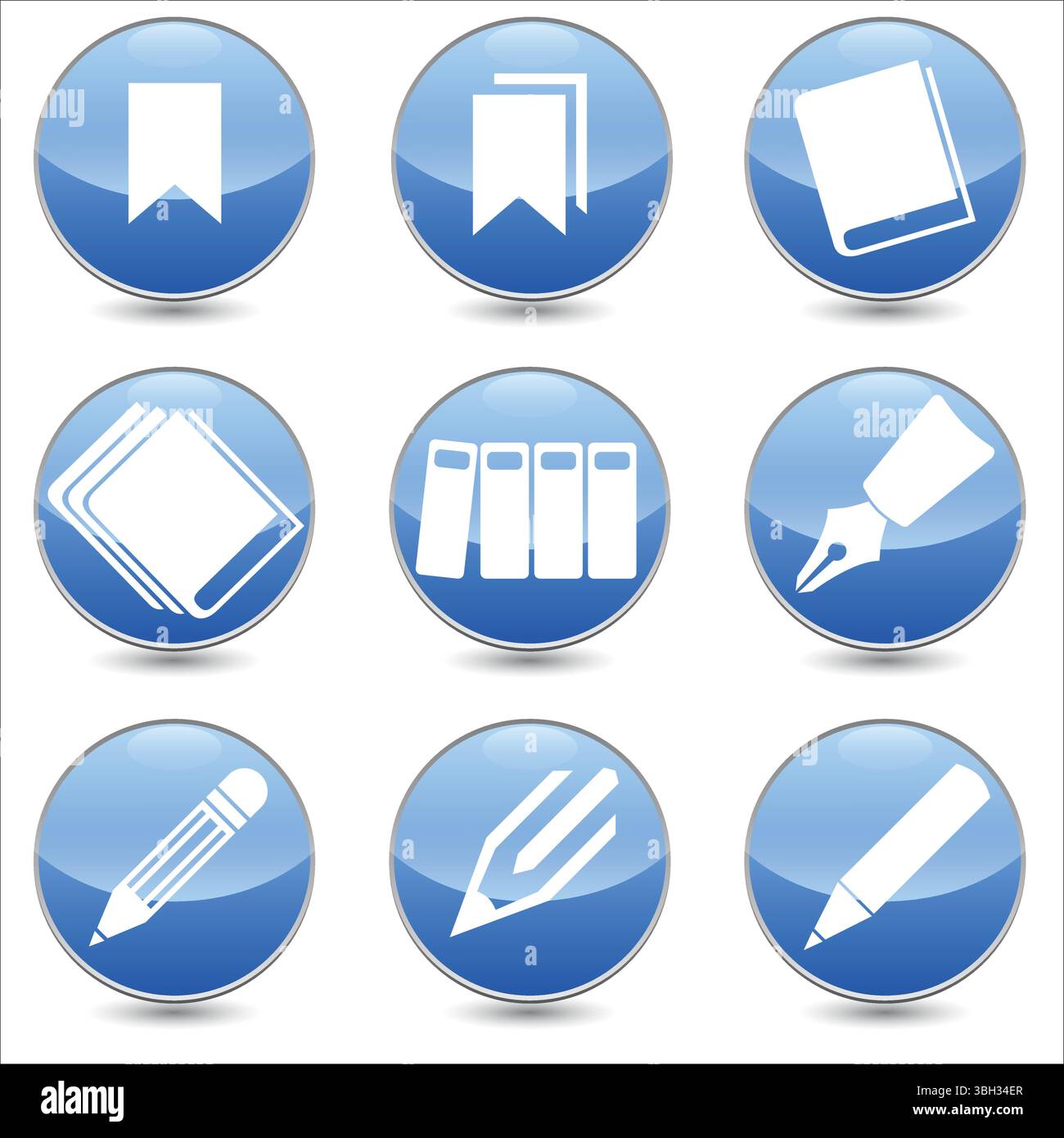 Set di 9 icone lineari vettoriali di cancelleria. icone di libri, file, penna, matita, segnalibro, ecc. Icona raccolta isolata per siti Web su sfera blu arrotondata Illustrazione Vettoriale