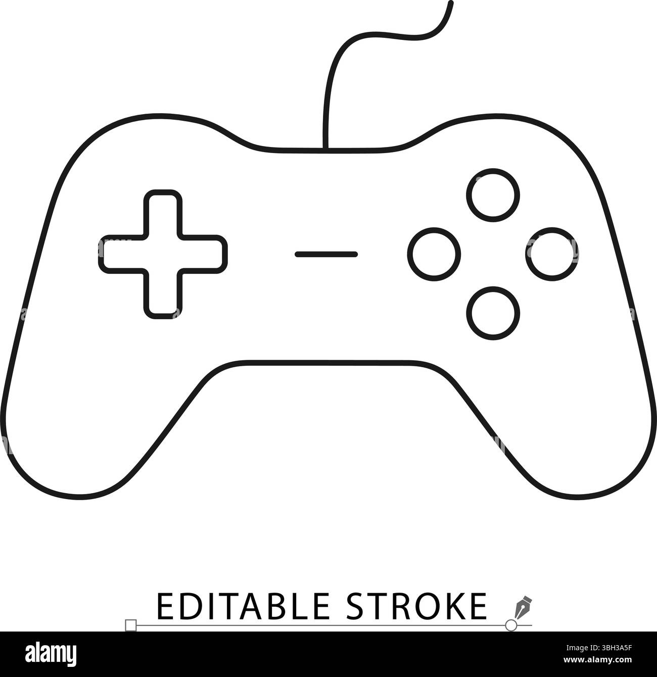 Icona gamepad stile linea con cavo e tratto modificabile. Profilo classico del joystick, controller vettoriale piatto per giochi su PC o console, design minimalista per Illustrazione Vettoriale