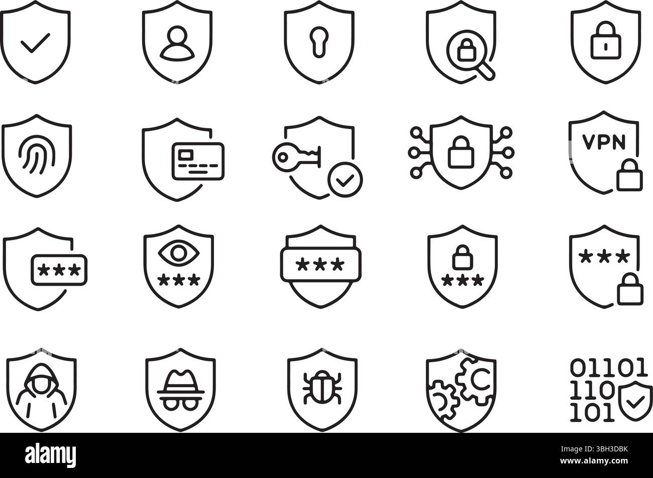 Il set di icone a linea sottile di cyber Security protezione dei dati Internet Shield privacy autenticazione crittografia di sicurezza. Icone pixel Perfect, traccia modificabile. Illustrazione Vettoriale