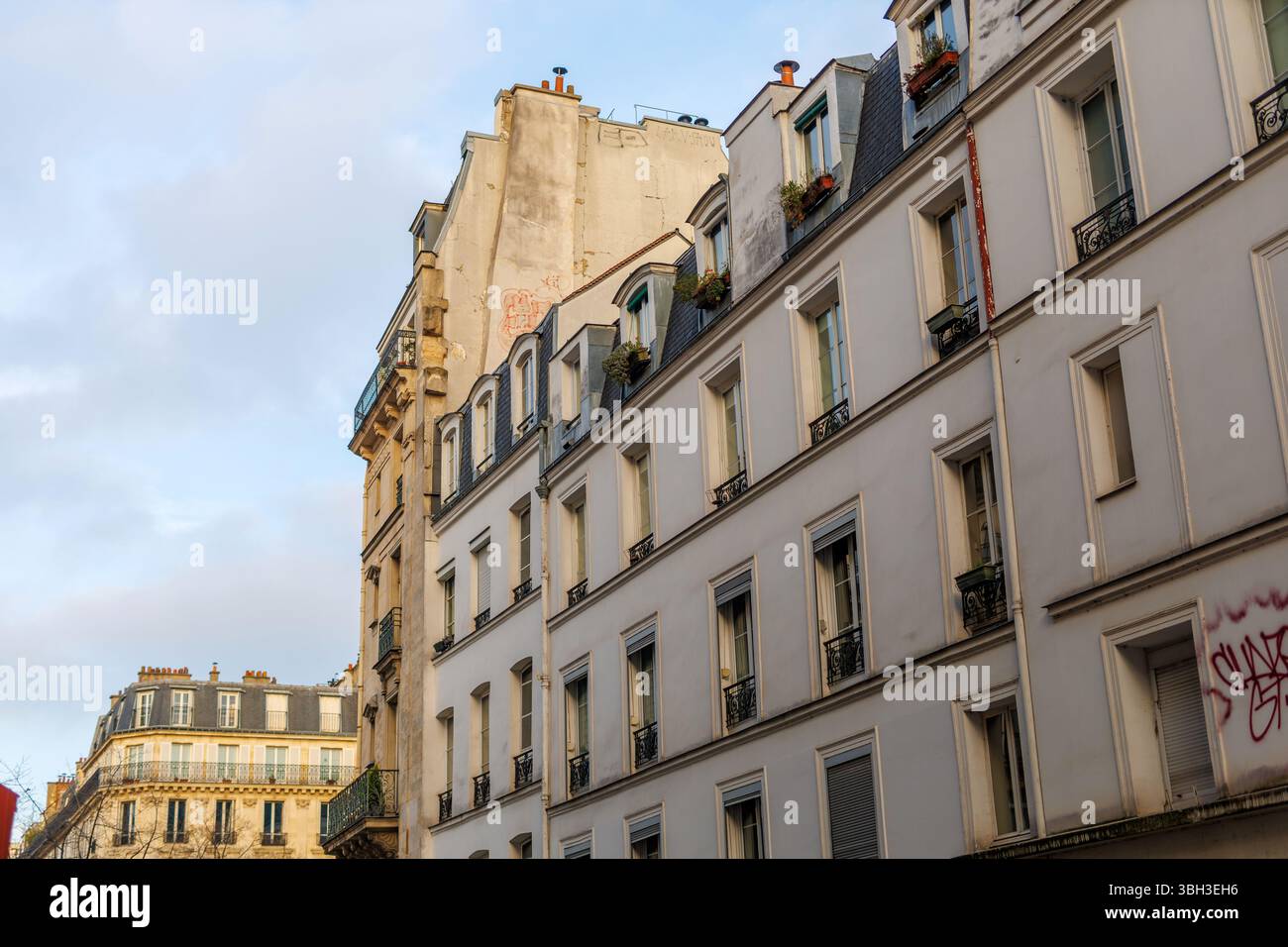 Edifici residenziali parigini tradizionali con finestre classiche, balconi e graffiti sulle pareti in un giorno nuvoloso di dicembre Foto Stock