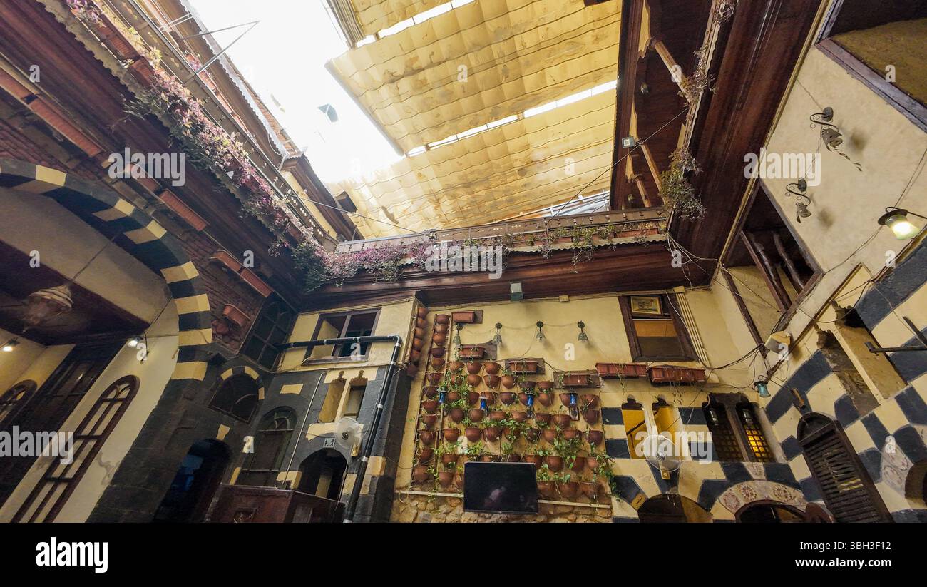 Un tradizionale cortile mediorientale con un alto soffitto, decorato con piante appese e intricati lavori in legno, a creare un'atmosfera calda e invitante Foto Stock