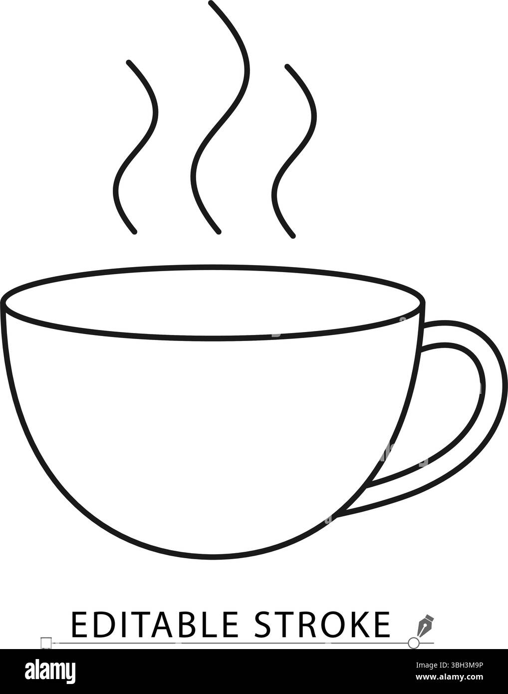 Icona della bevanda calda in stile linea con vapore e colpo modificabile. Profilo vettoriale piatto della tazza con manico. Concetto di bevande legato a caffè, tè, calore Illustrazione Vettoriale