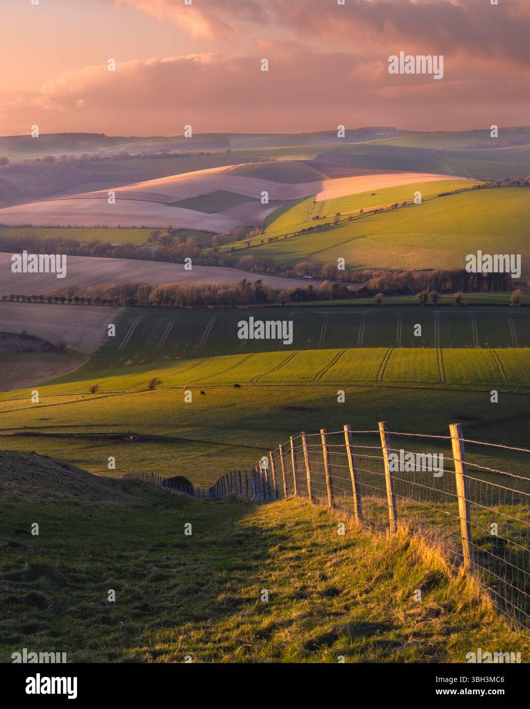 South Downs Patchwork Fields tramonto Foto Stock