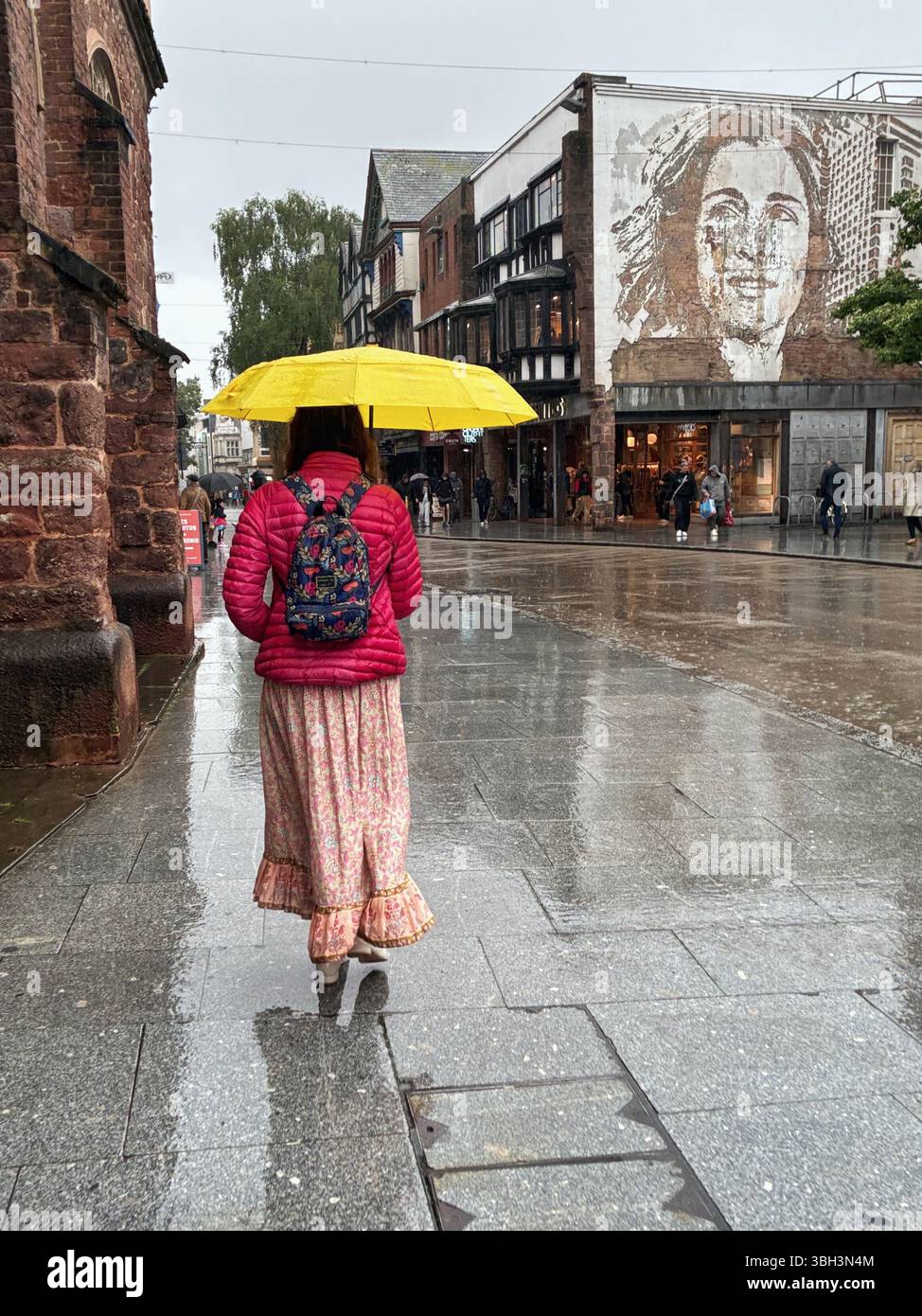 Exeter, Devon, Regno Unito. 7 giugno 2025. Meteo nel Regno Unito: Pioggia intensa a Exeter, Devon. Nella foto: Donna con il suo cane da compagnia bagnato in una giornata di pioggia nel centro di Exeter. Crediti: Nidpor/Alamy Live News Foto Stock