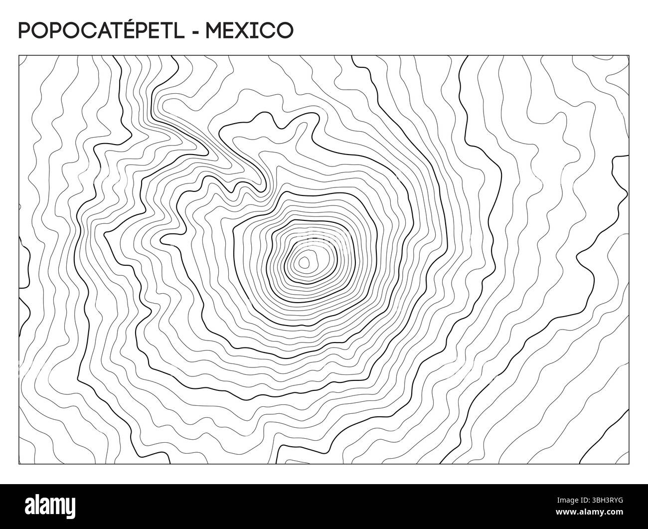Mappa topografica dei contorni del vulcano Popocatepetl in Messico con cratere centrale e ripide pendenze di elevazione. Sfondo del terreno vettoriale delle linee di contorno. Illustrazione Vettoriale