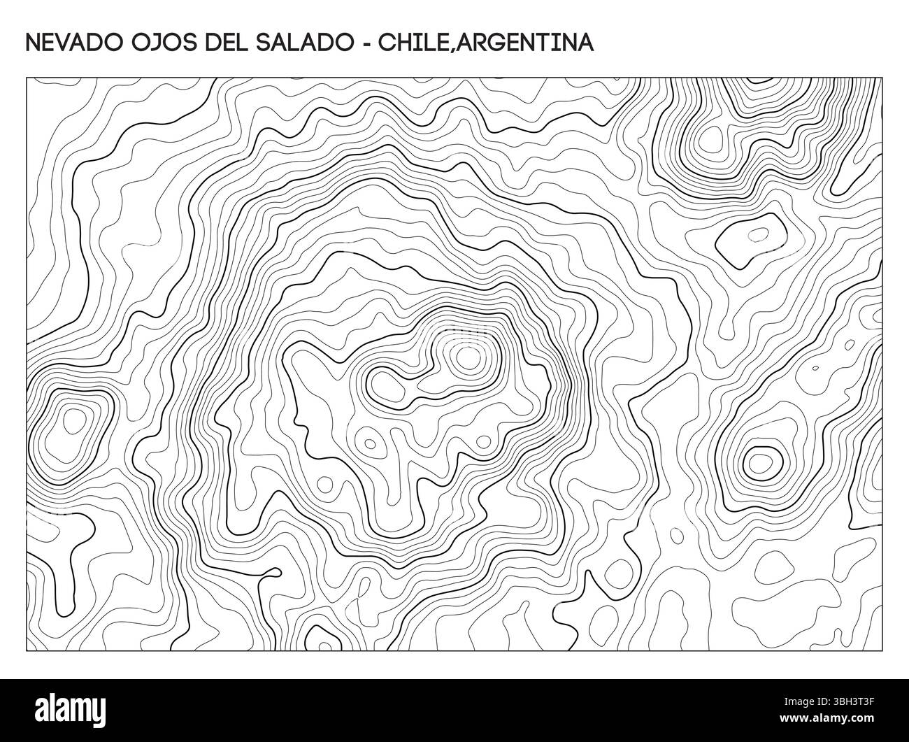 Mappa topografica di contorno del vulcano Nevado Ojos del Salado sul confine cileno-argentino con cratere e dettagli di altitudine. Terreno vettoriale linee di contorno Illustrazione Vettoriale