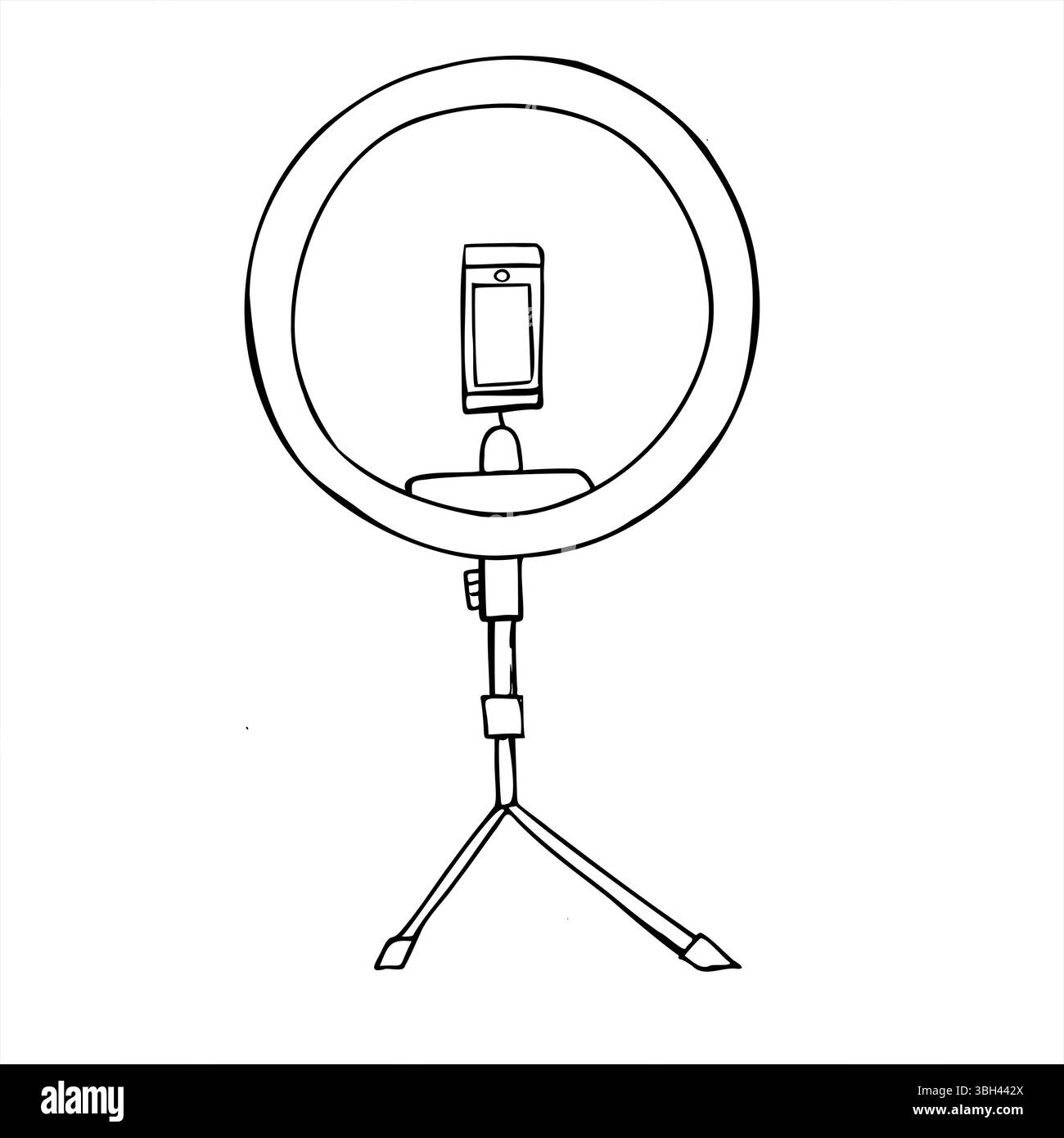 Lampada da tavolo a forma di anello illustrazione vettoriale minimalista dipinta con inchiostri neri. Apparecchiature domestiche per riprese vlog, report e video line art con inchiostro nero Illustrazione Vettoriale
