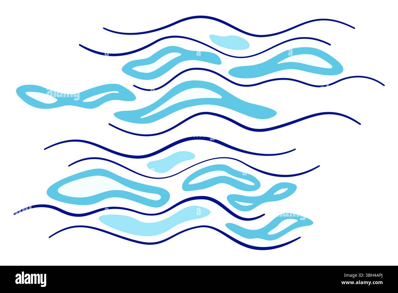 Illustrazione vettoriale piatta blu acqua minimalista. Onde blu su sfondo bianco. Sfondo astratto di linee e forme curve diverse. Natur Illustrazione Vettoriale