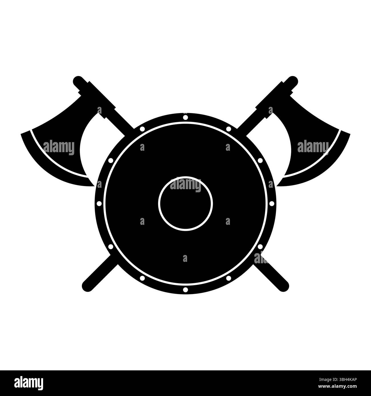 Scudo rotondo con assi da battaglia incrociati. Uno scudo rotondo con un semplice motivo circolare al centro, attraversato da due assi di battaglia simmetrici. Illustrazione Vettoriale