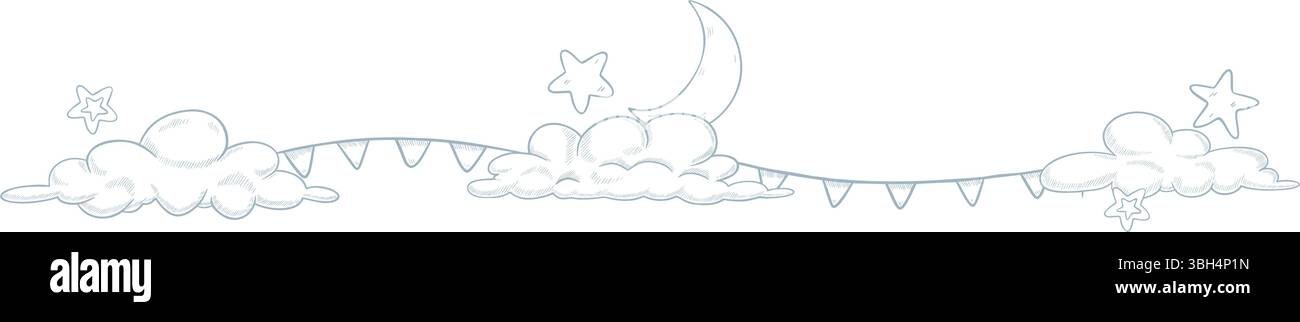 Illustrazione vettoriale di un bordo nuvola e stella con una luna crescente e un mucchio. Disegno lineare per biglietti d'auguri per la doccia del bambino o inviti per la nursery. Bordo per i bambini. Illustrazione Vettoriale