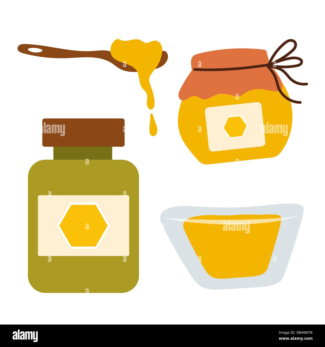Set di elementi apicoli. Cucchiaio con miele e barattoli. Illustrazione Vettoriale