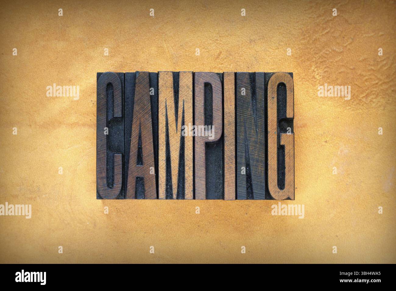 La parola scritta in campeggio in vintage tipo di stampa in rilievo Foto Stock