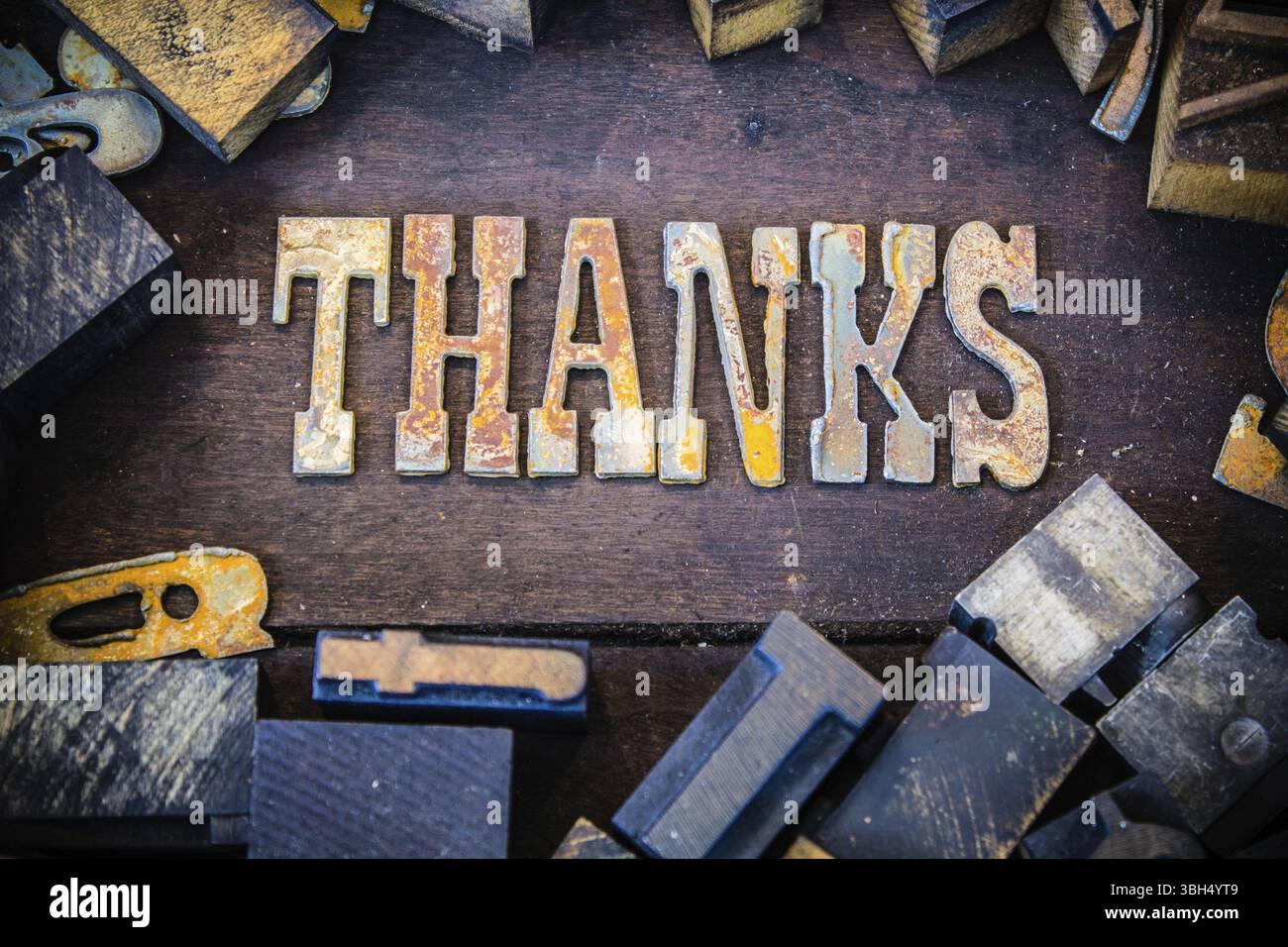 La parola "RINGRAZIAMENTO" scritta in lettere in metallo arrugginito circondate da caratteri vintage in legno e metallo Foto Stock