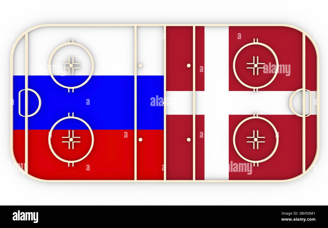 Russia contro Danimarca. Competizione di hockey su ghiaccio 2016. Bandiere nazionali sul parco giochi. Rendering 3D Foto Stock