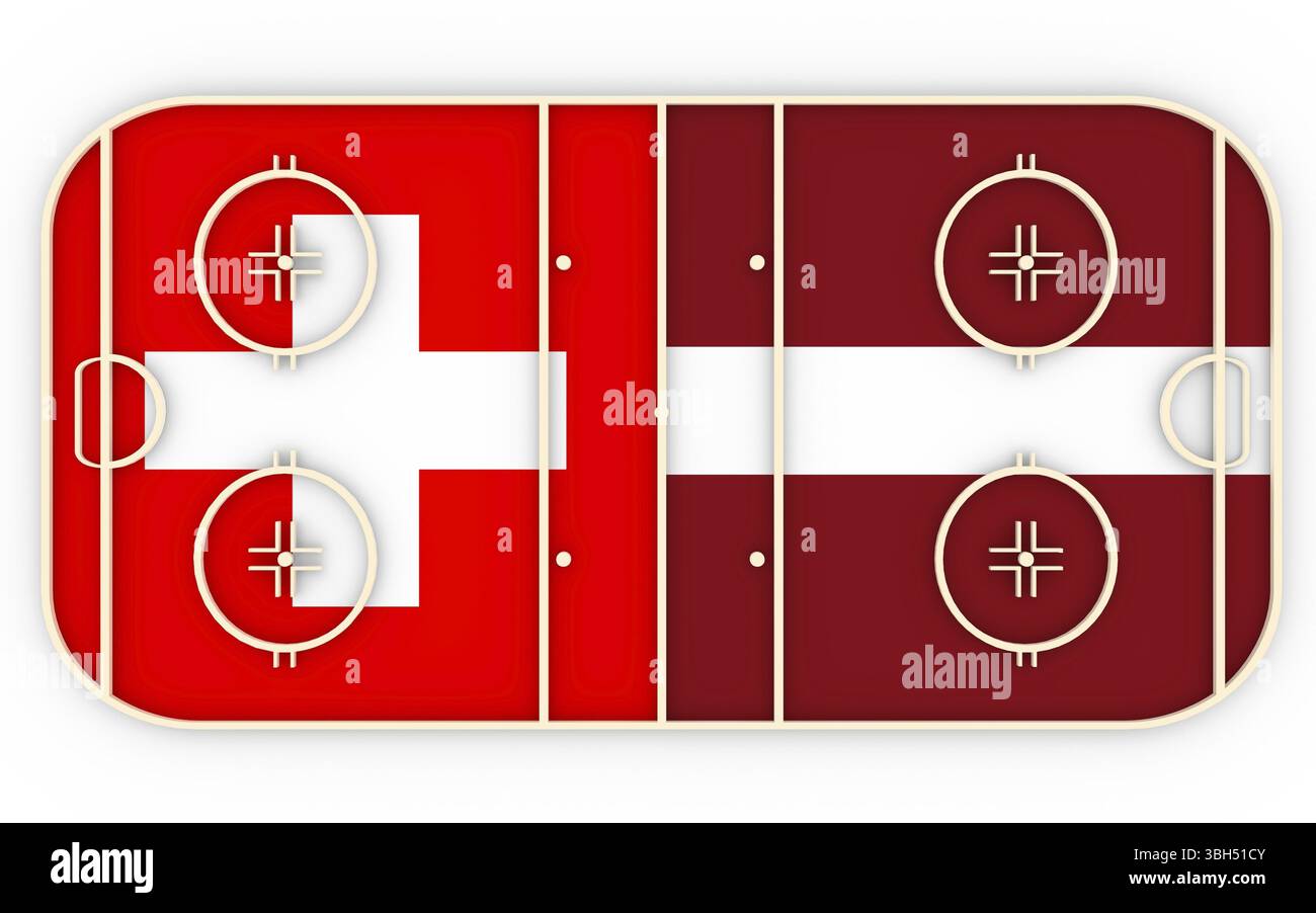 Svizzera contro Lettonia. Competizione di hockey su ghiaccio 2016. Bandiere nazionali sul parco giochi. Rendering 3D Foto Stock