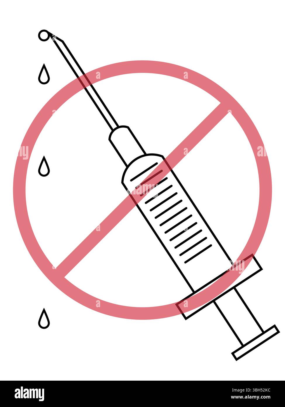 Non la droga segno di divieto, la siringa con le gocce di liquido e attraversato vietato il simbolo rosso, icona del vettore Foto Stock