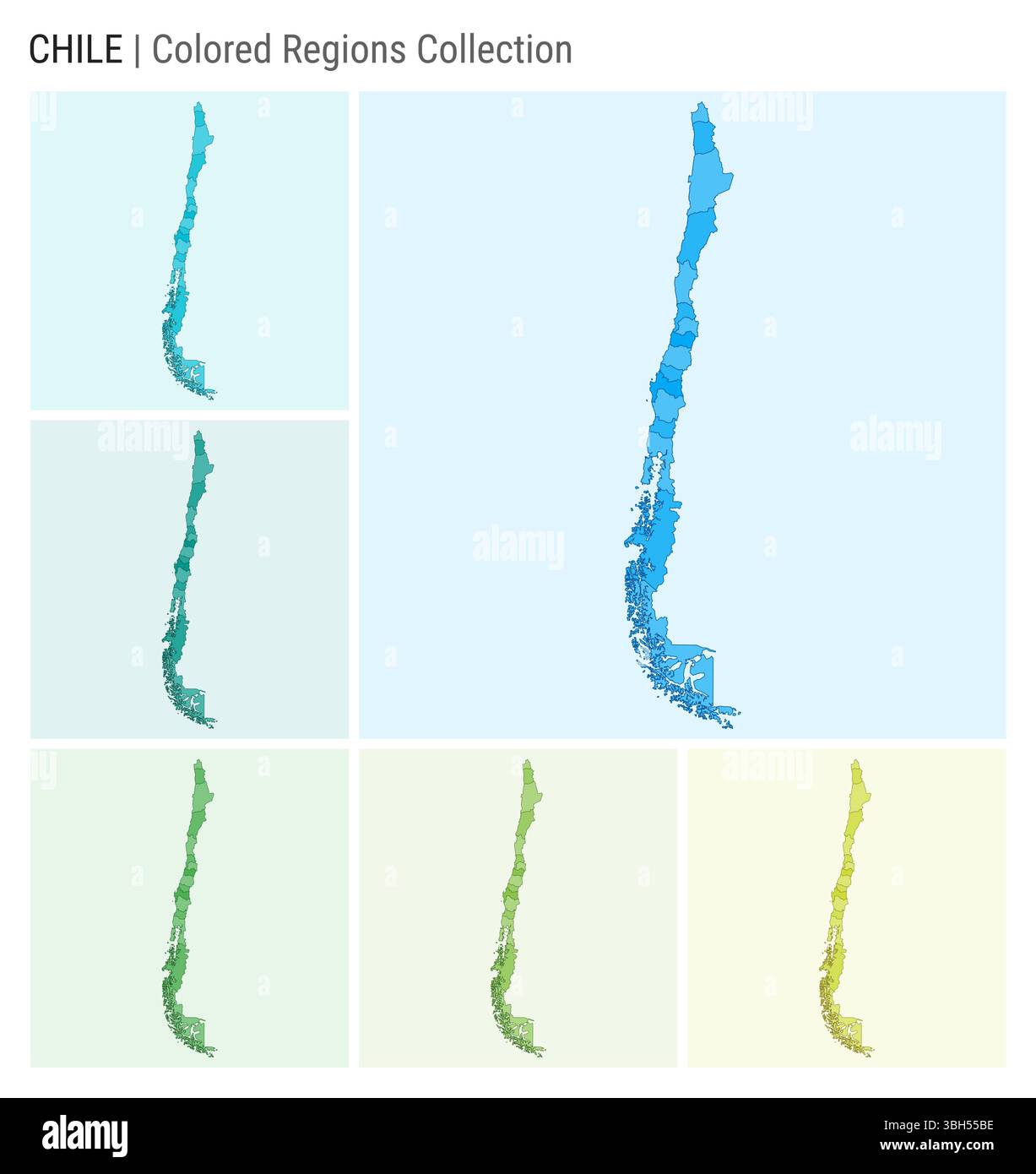 Collezione di mappe del Cile. Forma del paese con regioni colorate. Azzurro, ciano, verde, verde chiaro, tavolozze di colori lime. Illustrazione Vettoriale