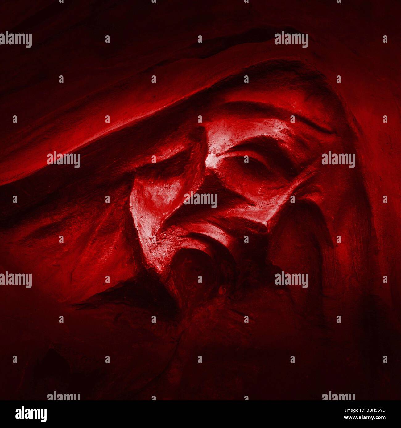 Grim Reaper ritratto su un profondo sfondo rosso Foto Stock