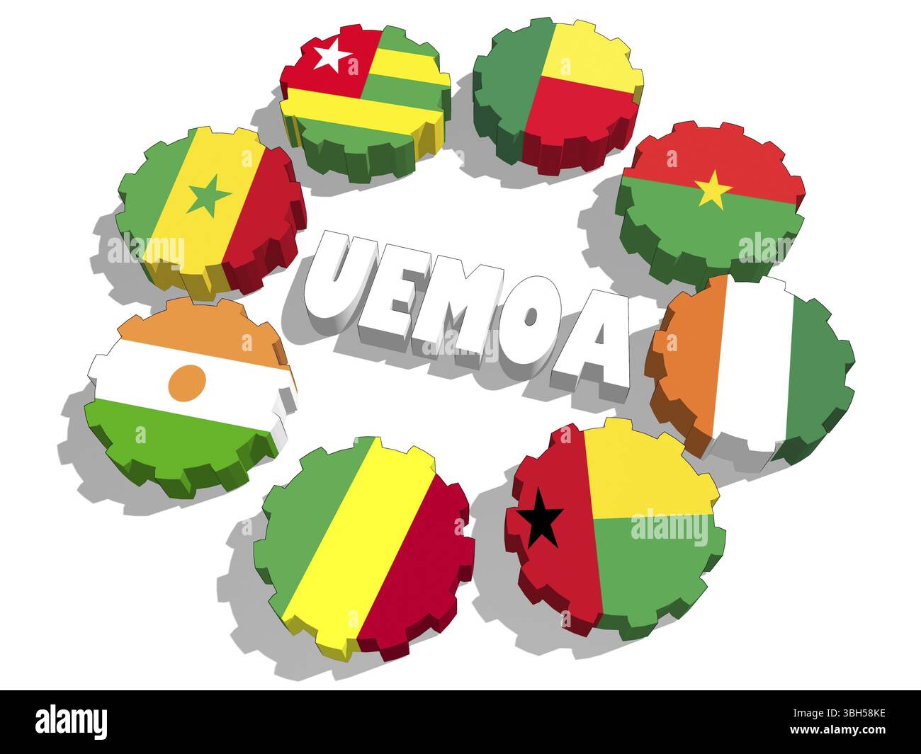 Unione economica e monetaria dell'Africa occidentale. Bandiere dei membri politici ed economici dell'unione sulle ruote dentate. Lavoro di squadra globale. Rendering 3D. Foto Stock