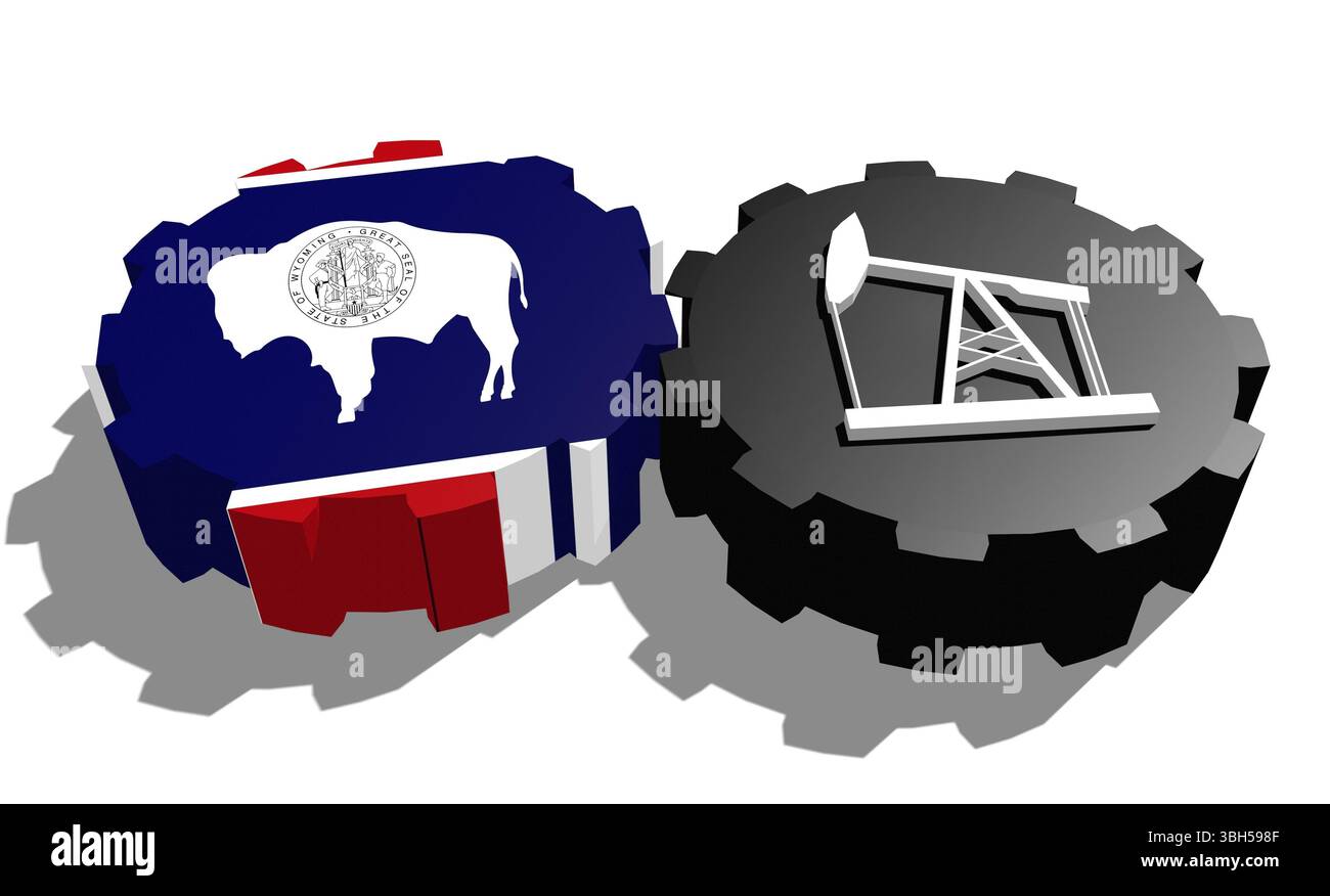 Ruota dentata con pompa dell'olio rivestita dalla bandiera del Wyoming. Concetto di industria pesante e mineraria. Rendering 3D. Foto Stock