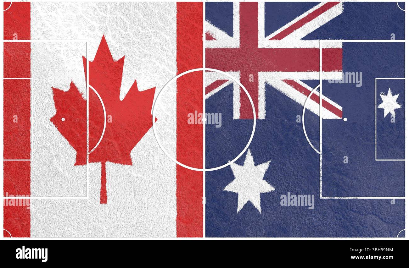 Bandiere dei paesi che partecipano al torneo di calcio. Campo da calcio rivestito da bandiere nazionali del Canada e dell'Australia. Rendering 3D. Foto Stock