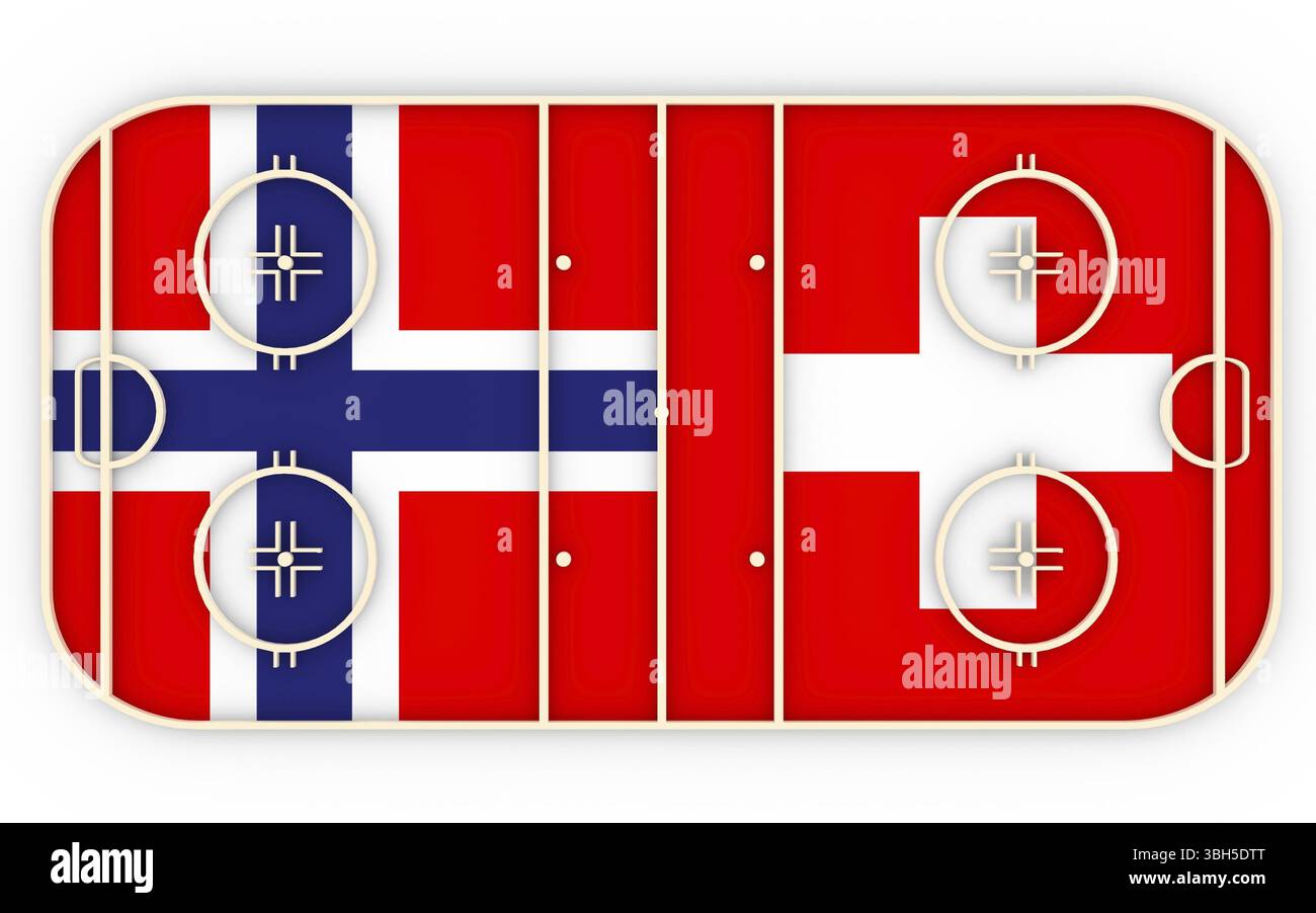 Norvegia contro Svizzera. Competizione di hockey su ghiaccio 2016. Bandiere nazionali sul parco giochi. Rendering 3D Foto Stock