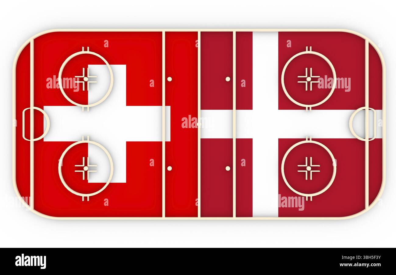 Svizzera contro Danimarca. Competizione di hockey su ghiaccio 2016. Bandiere nazionali sul parco giochi. Rendering 3D Foto Stock