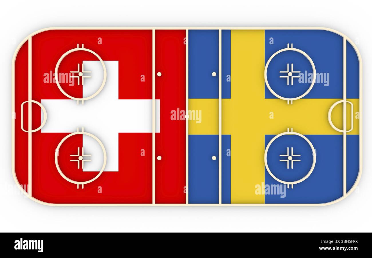 Svizzera contro Svezia. Competizione di hockey su ghiaccio 2016. Bandiere nazionali sul parco giochi. Rendering 3D Foto Stock