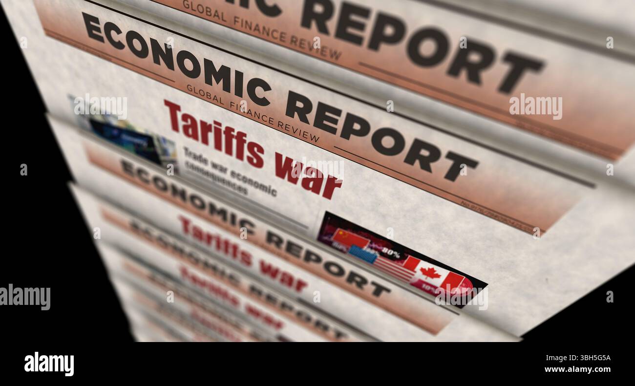 Tariffe crisi commerciale di guerra notizie d'epoca e stampa di giornali. Concept astratto titoli retrò illustrazione 3d. Foto Stock