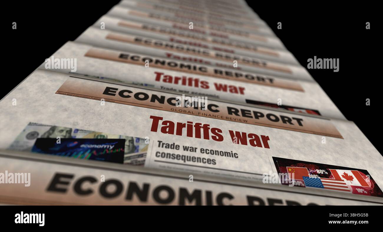 Tariffe crisi commerciale di guerra notizie d'epoca e stampa di giornali. Concept astratto titoli retrò illustrazione 3d. Foto Stock