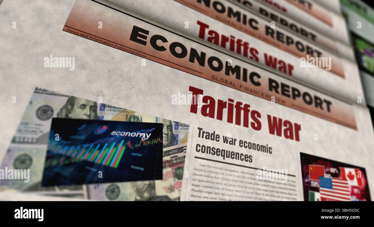 Tariffe crisi commerciale di guerra notizie d'epoca e stampa di giornali. Concept astratto titoli retrò illustrazione 3d. Foto Stock