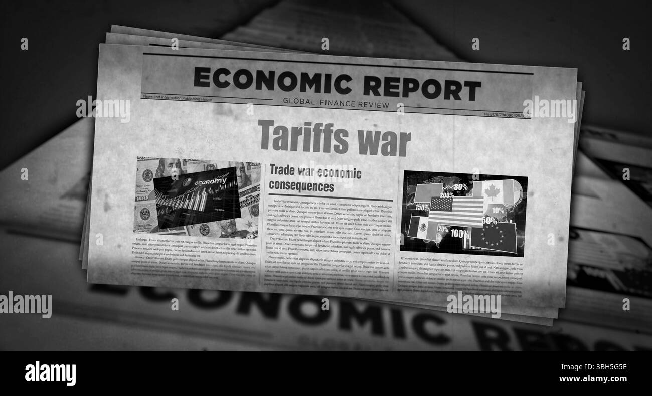 Tariffe crisi commerciale di guerra notizie d'epoca e stampa di giornali. Concept astratto titoli retrò illustrazione 3d. Foto Stock