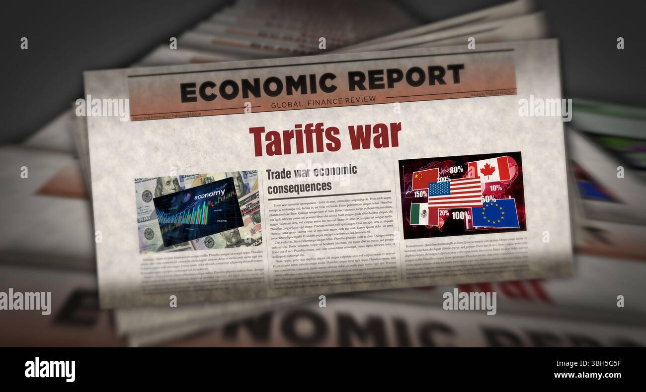Tariffe crisi commerciale di guerra notizie d'epoca e stampa di giornali. Concept astratto titoli retrò illustrazione 3d. Foto Stock