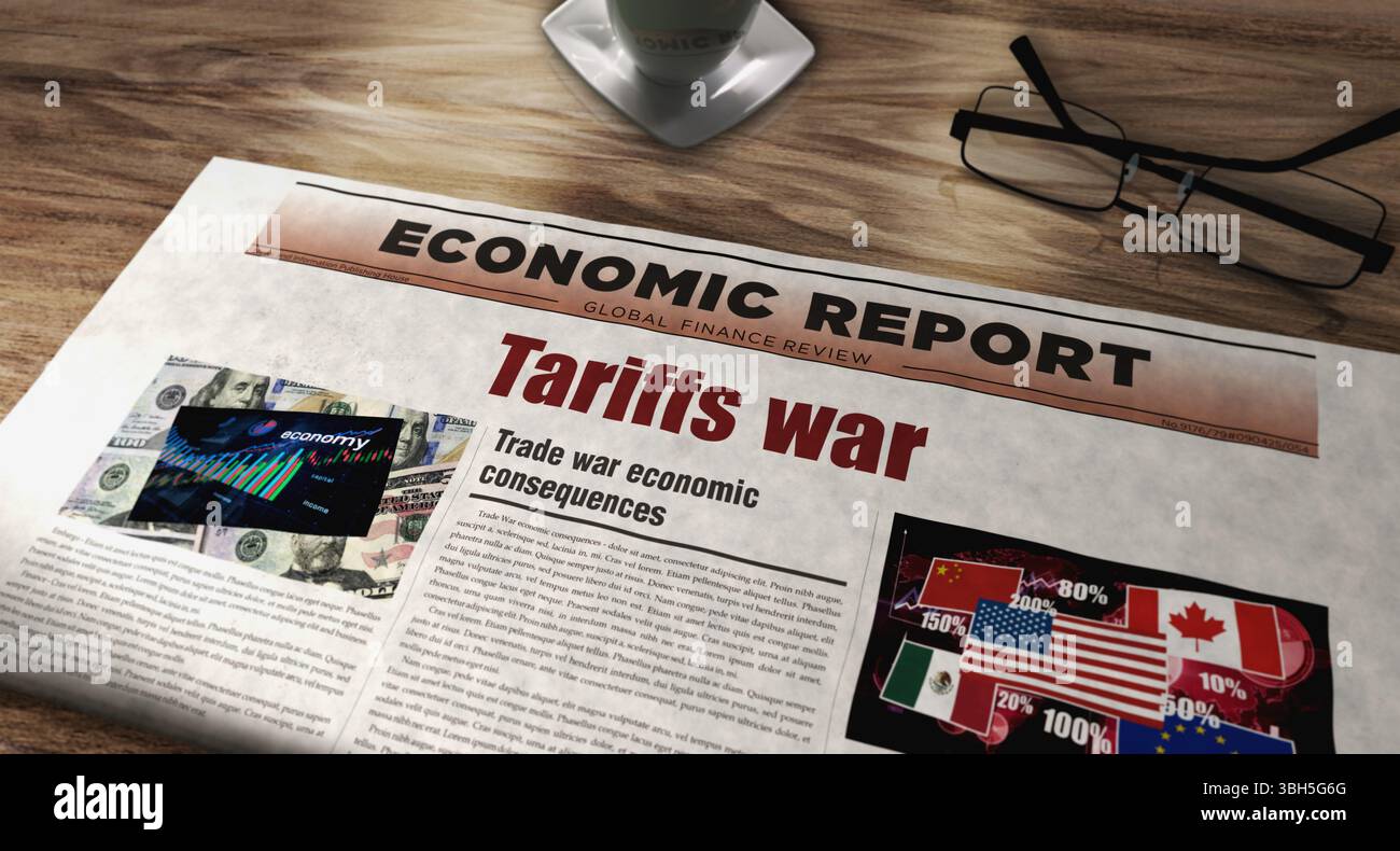 Tariffe guerra commercio crisi quotidiano sul tavolo. Titoli notizie illustrazione 3d del concetto astratto. Foto Stock