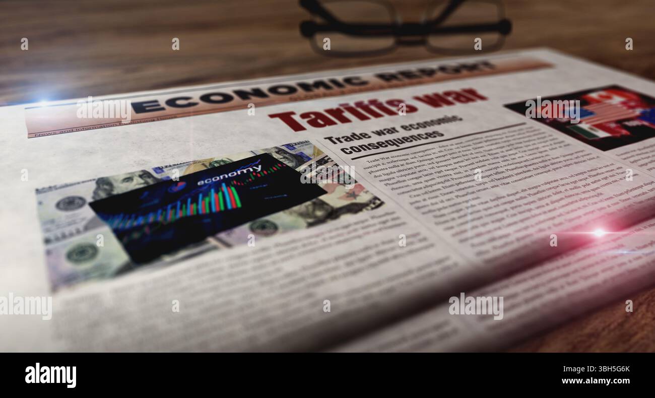 Tariffe guerra commercio crisi quotidiano sul tavolo. Titoli notizie illustrazione 3d del concetto astratto. Foto Stock