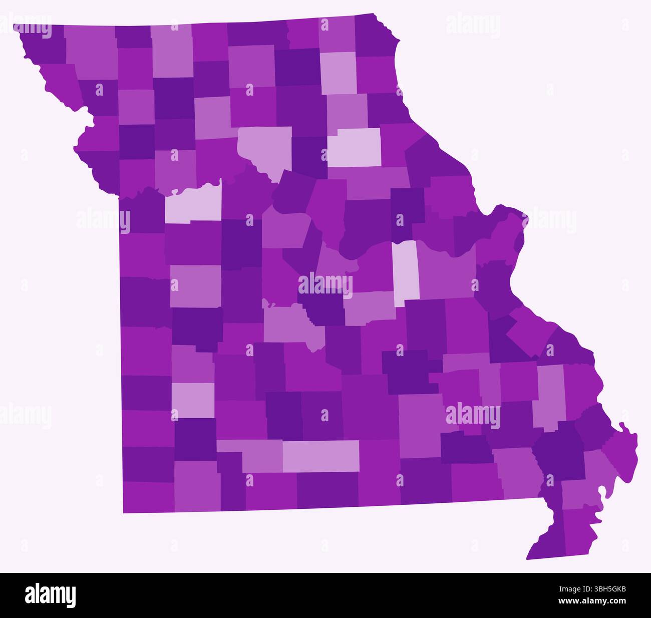 Mappa del Missouri con le contee. Solo una semplice mappa del confine di stato con la divisione della contea. Tavolozza dei colori viola. Illustrazione Vettoriale