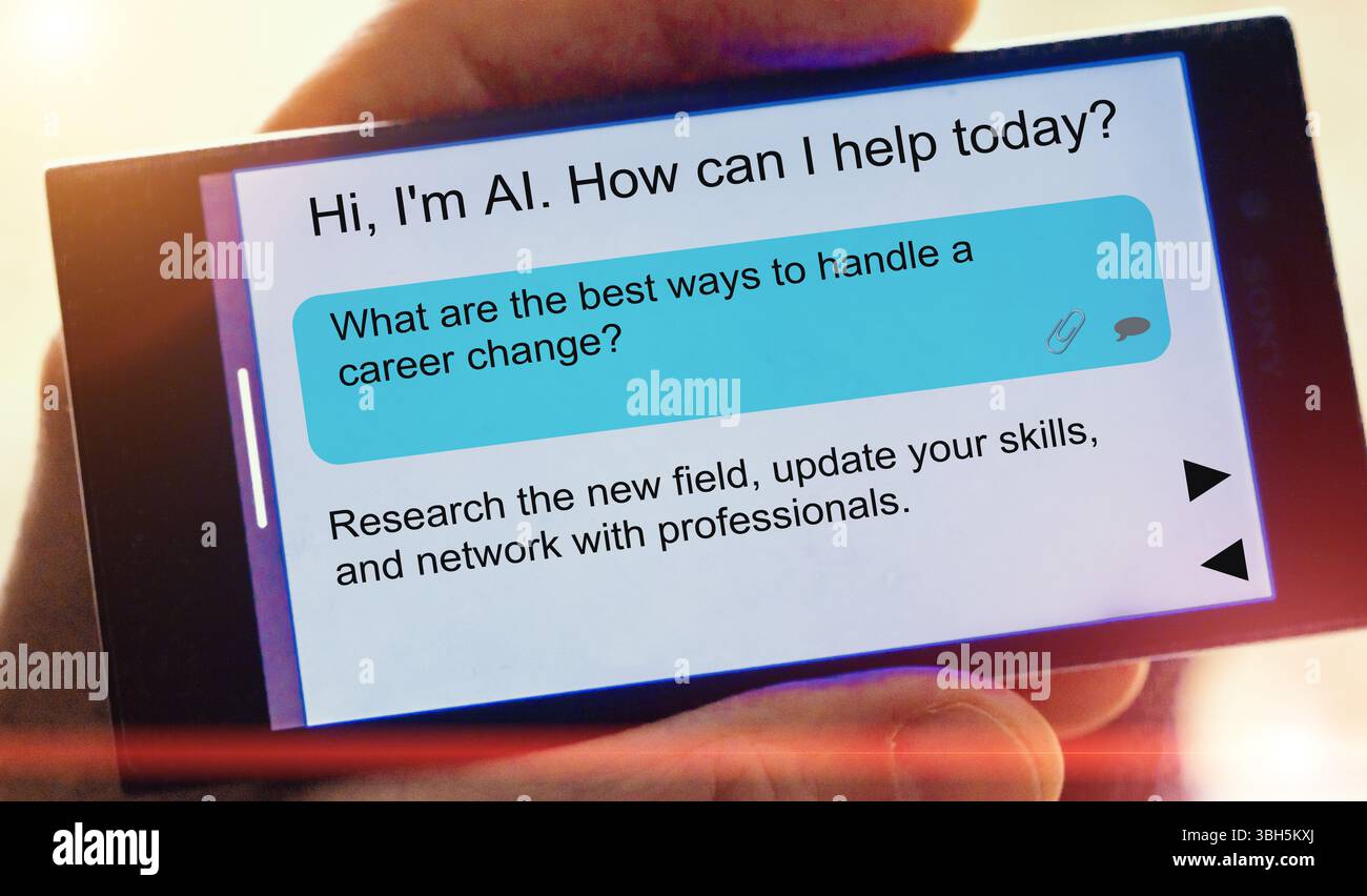 Domanda sull'intelligenza artificiale sullo schermo dello smartphone. Quali sono i modi migliori per gestire un cambiamento di carriera? Foto Stock