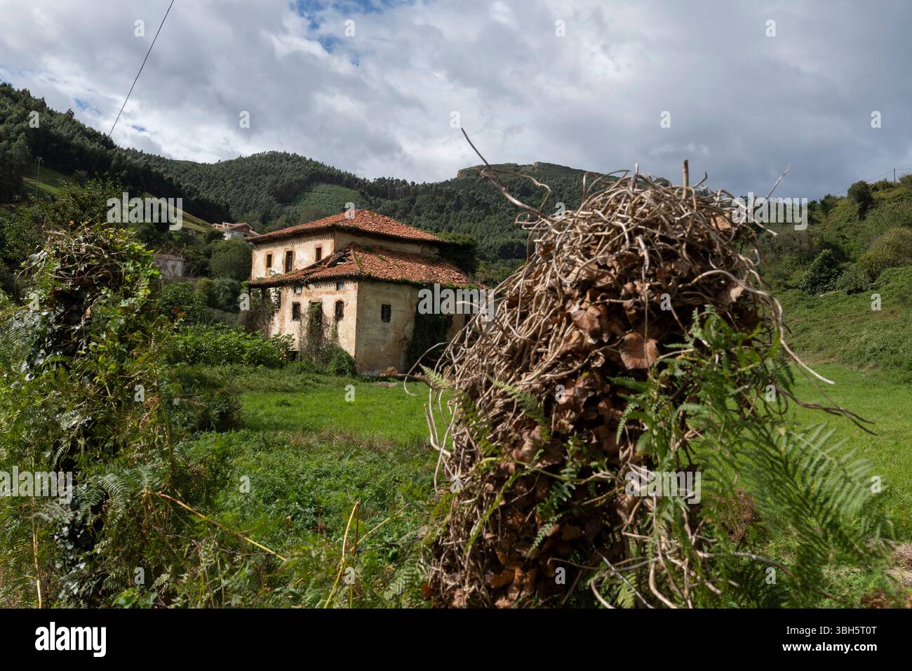 Una fattoria trascurata lungo il Camino Norte nel villaggio di Ontón, in Spagna. Questo percorso del pellegrinaggio di San Giacomo sulla costa settentrionale della Spagna Foto Stock
