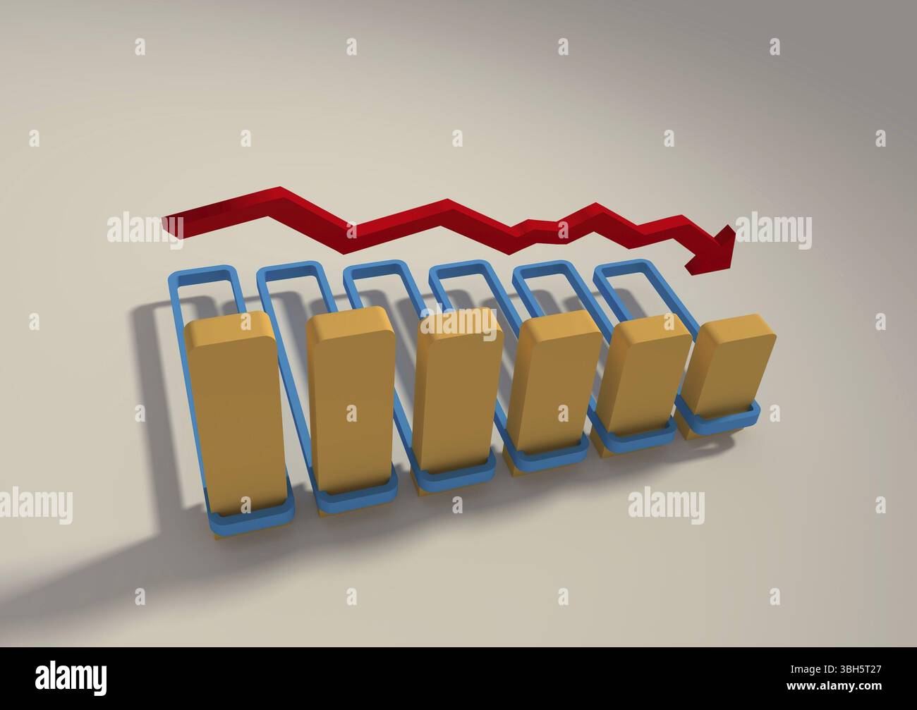 Moderno diagramma in stile business step. Freccia giù. Situazione del mercato finanziario Foto Stock