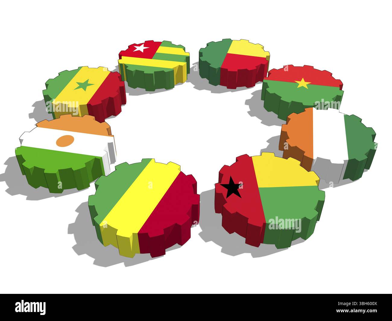 Unione economica e monetaria dell'Africa occidentale. Bandiere dei membri politici ed economici dell'unione sulle ruote dentate. Lavoro di squadra globale. Rendering 3D. Foto Stock