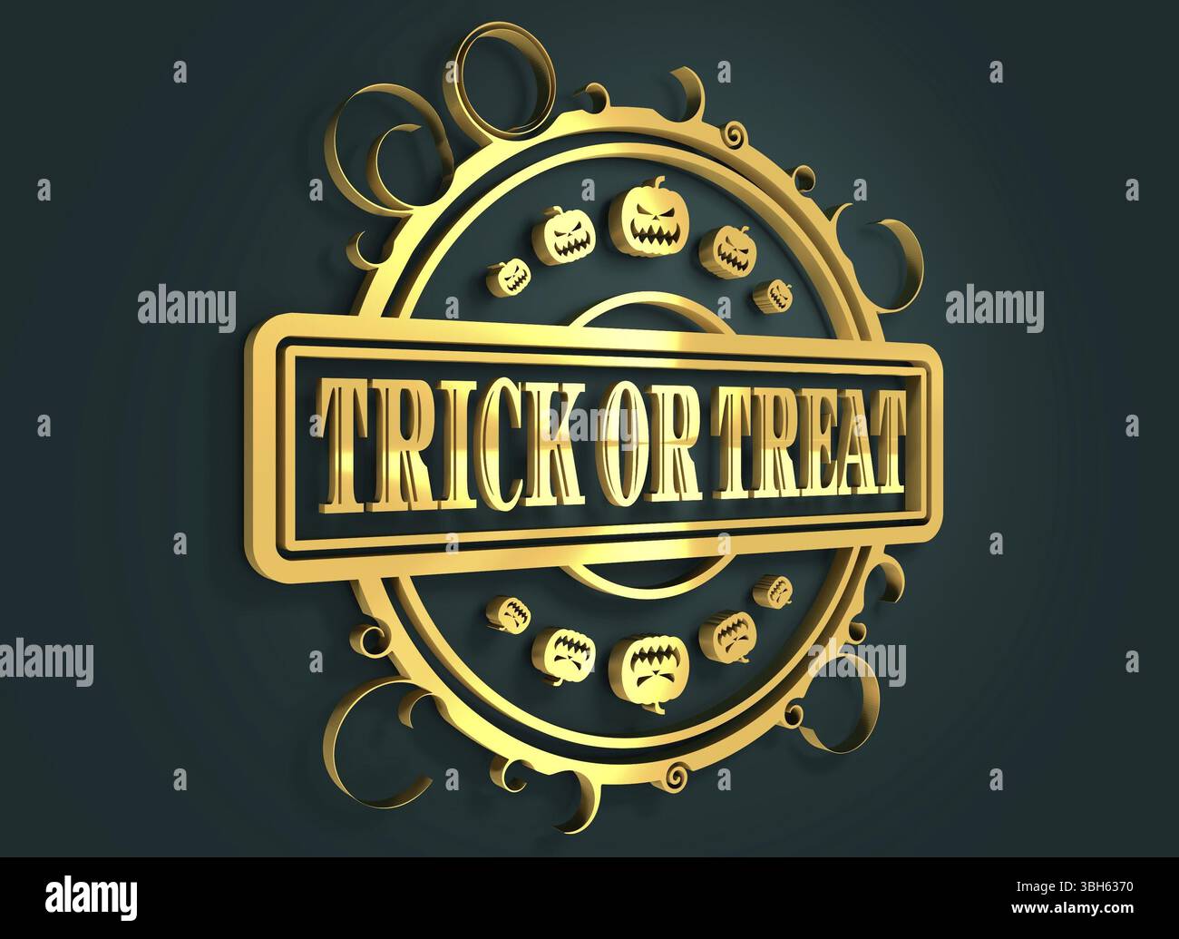Timbro scolpito con testo di Halloween e icone zucche. rendering 3d. Materiale metallico. Sigillo d'oro Foto Stock
