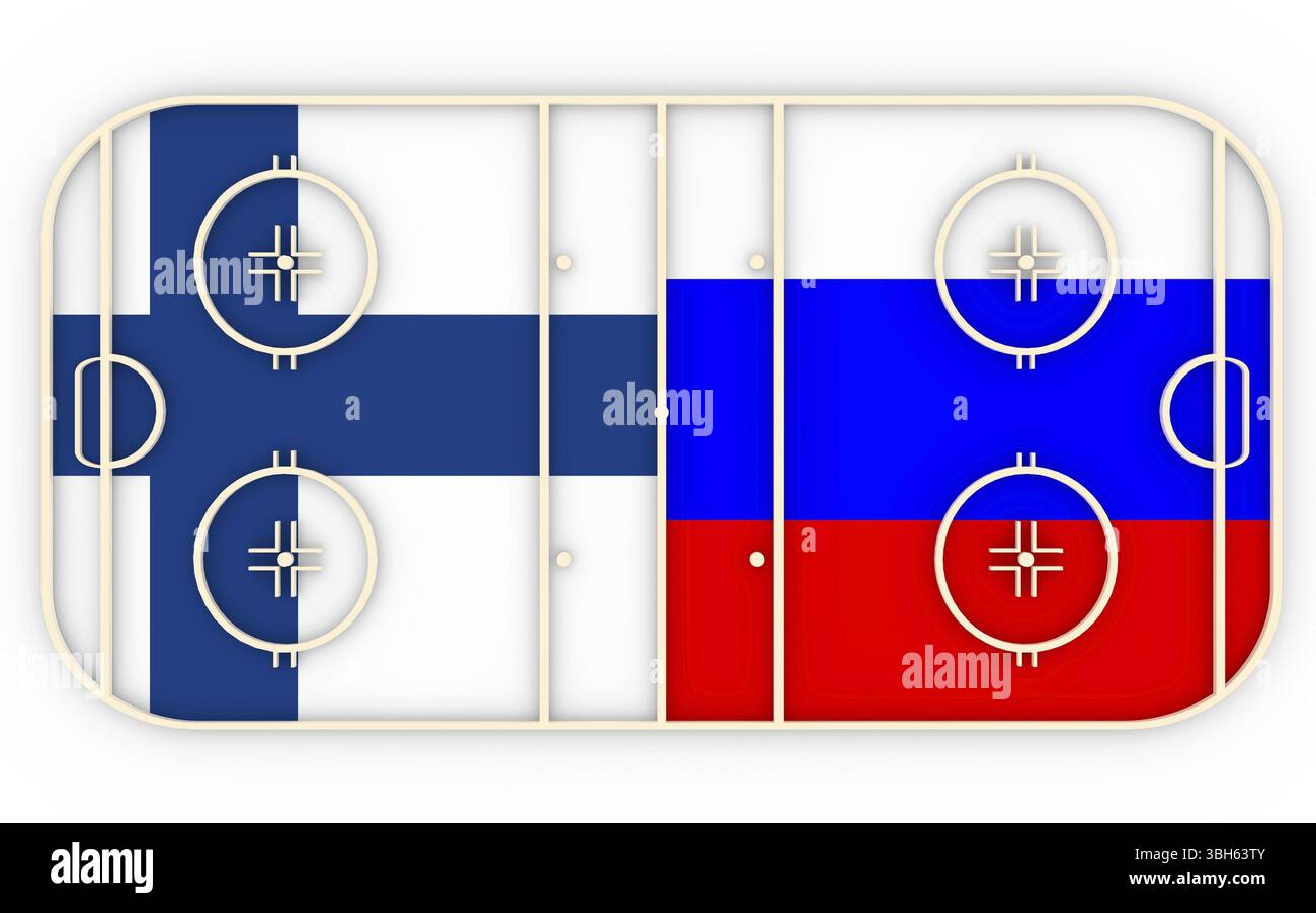 Finlandia vs Russia. Hockey su ghiaccio la concorrenza 2016. Bandiere nazionali sul parco giochi. Il rendering 3D Foto Stock