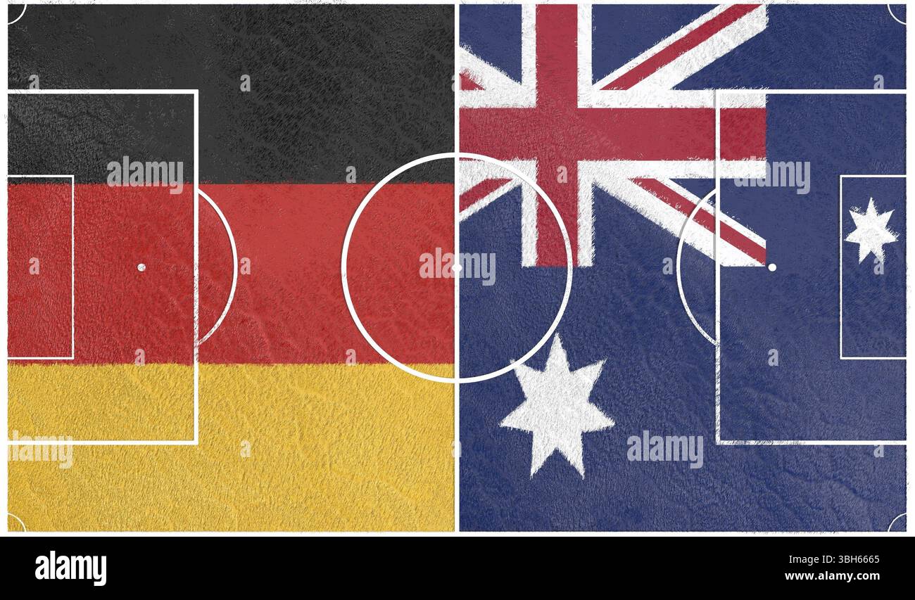 Bandiere dei paesi che partecipano al torneo di calcio. Campo da calcio rivestito da bandiere nazionali di Germania e Australia. Rendering 3D. Foto Stock