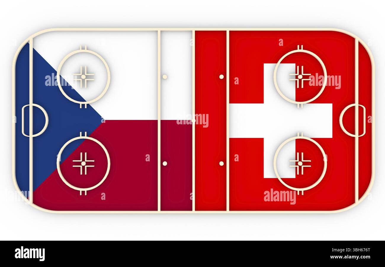 Ceco vs Svizzera. Competizione di hockey su ghiaccio 2016. Bandiere nazionali sul parco giochi. Rendering 3D Foto Stock